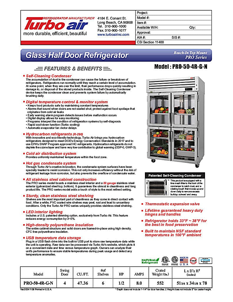 Turbo Air PRO-50-4R-G-N 51 3/4" Two Section Reach In Refrigerator, (4) Right Hinge Glass Doors, 115v - Donut-Equipment.com