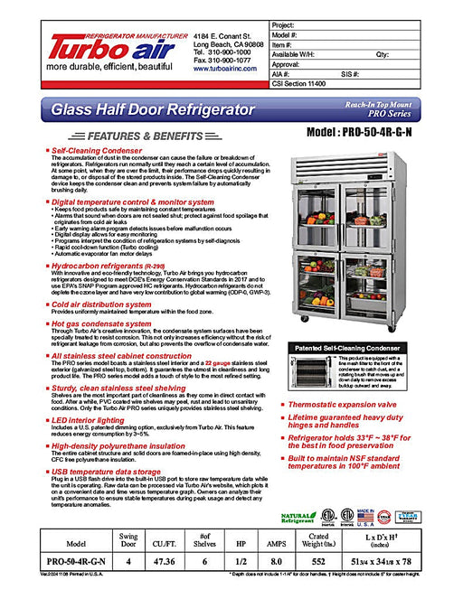 Turbo Air PRO-50-4R-G-N 51 3/4" Two Section Reach In Refrigerator, (4) Right Hinge Glass Doors, 115v - Donut-Equipment.com