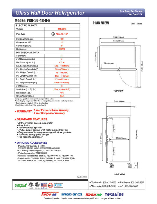 Turbo Air PRO-50-4R-G-N 51 3/4" Two Section Reach In Refrigerator, (4) Right Hinge Glass Doors, 115v - Donut-Equipment.com