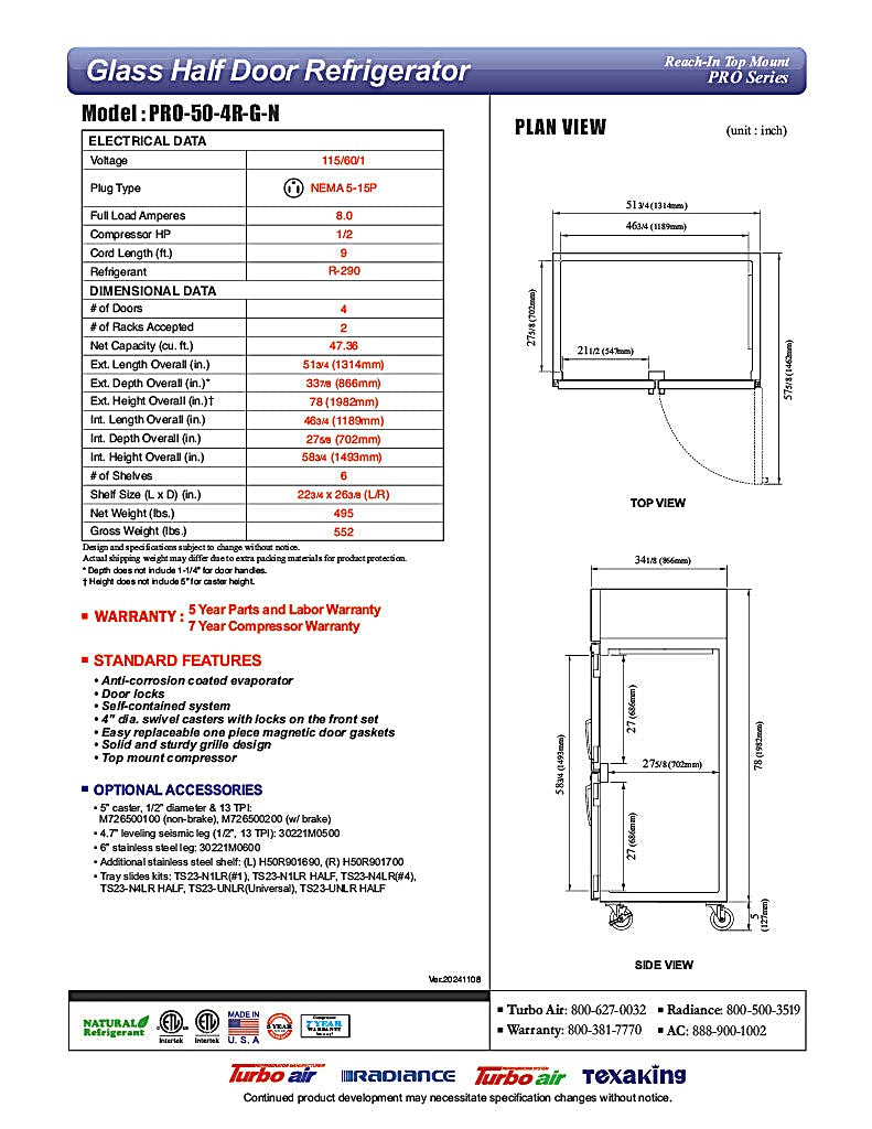 Turbo Air PRO-50-4R-G-N 51 3/4" Two Section Reach In Refrigerator, (4) Right Hinge Glass Doors, 115v - Donut-Equipment.com
