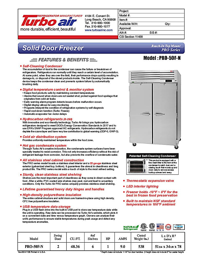 Turbo Air PRO-50F-N 52" Premiere Pro Series Solid Door Reach in Freezer - Donut-Equipment.com