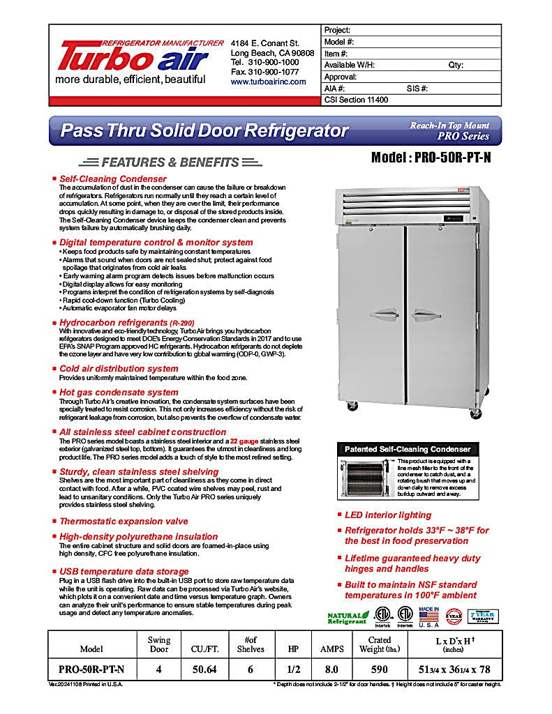 Turbo Air PRO-50F-PT-N 52" Premiere Pro Series Solid Door Pass-Through Freezer - Donut-Equipment.com
