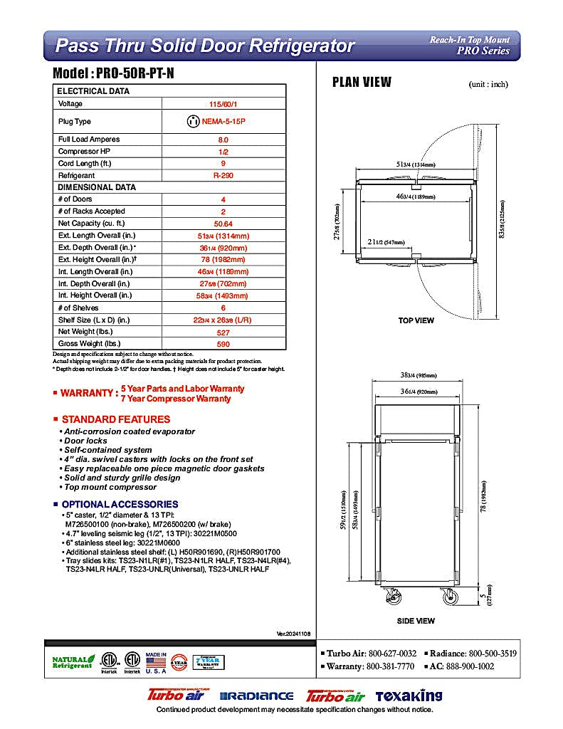 Turbo Air PRO-50F-PT-N 52" Premiere Pro Series Solid Door Pass-Through Freezer - Donut-Equipment.com