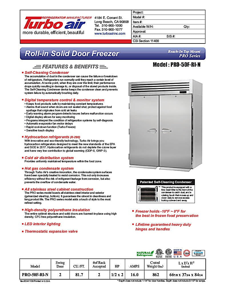 Turbo Air PRO-50F-RI-N 67" Premiere Pro Series Solid Door Roll-In Freezer - Donut-Equipment.com