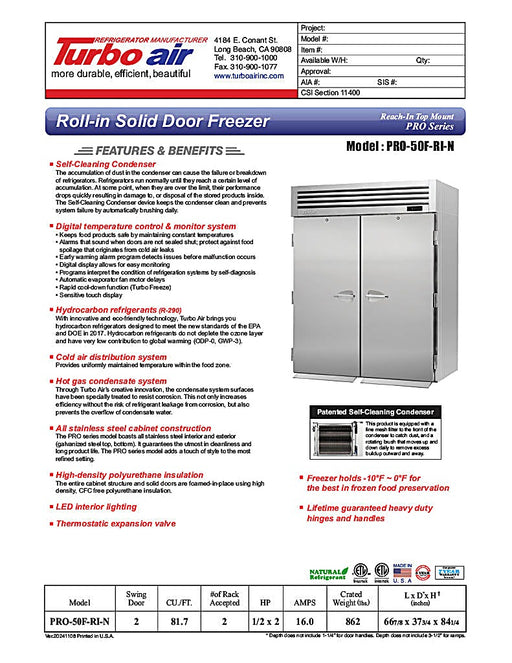 Turbo Air PRO-50F-RI-N 67" Premiere Pro Series Solid Door Roll-In Freezer - Donut-Equipment.com