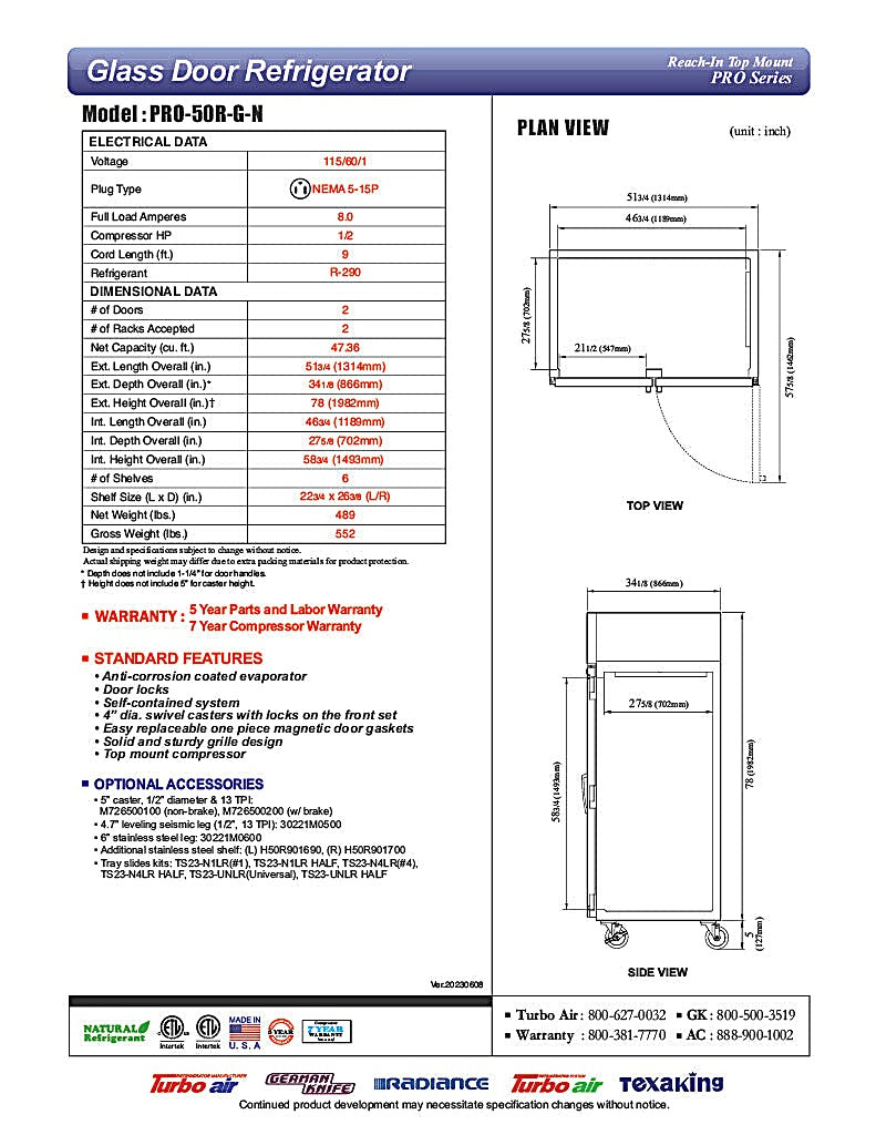 Turbo Air PRO-50R-G-N 51 3/4" Two Section Reach In Refrigerator, (2) Hinged Glass Doors, 115v - Donut-Equipment.com
