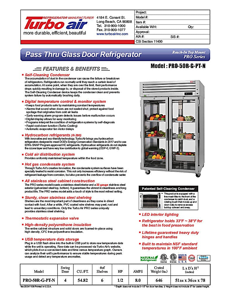 Turbo Air PRO-50R-G-PT-N 2 Section Glass Door Pass-Thru Refrigerator - Donut-Equipment.com