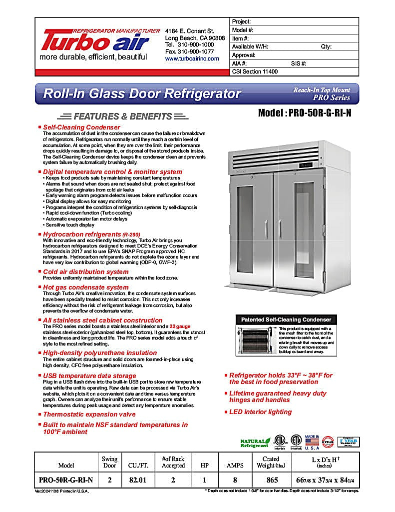 Turbo Air PRO-50R-G-RI-N PRO Series Refrigerator Roll-in Two-section - Donut-Equipment.com