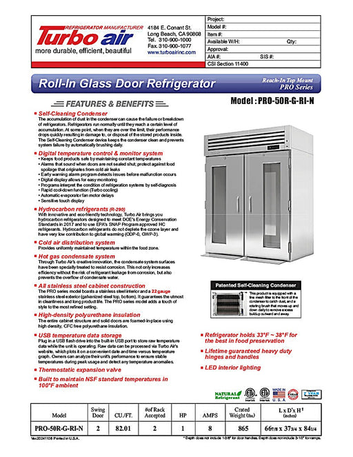 Turbo Air PRO-50R-G-RI-N PRO Series Refrigerator Roll-in Two-section - Donut-Equipment.com