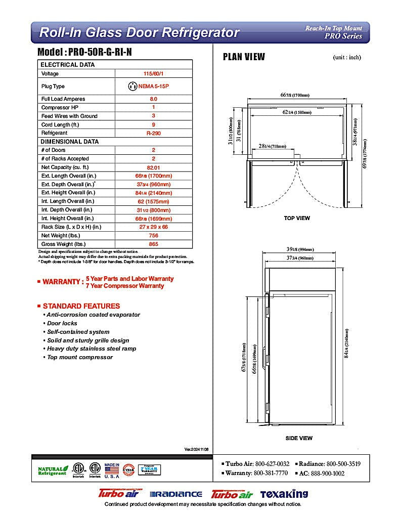 Turbo Air PRO-50R-G-RI-N PRO Series Refrigerator Roll-in Two-section - Donut-Equipment.com