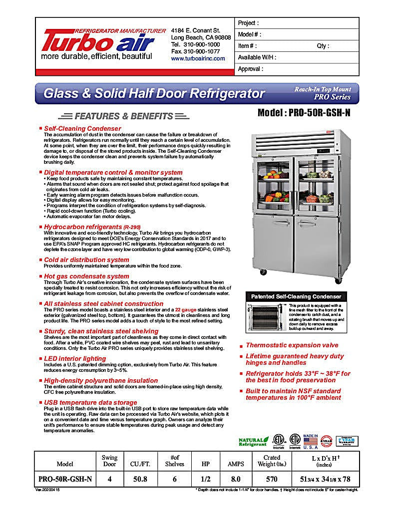 Turbo Air PRO-50R-GSH-N 52" Premiere Pro Series, Two Section Reach-In Refrigerator with Solid and Glass Half Doors - Donut-Equipment.com
