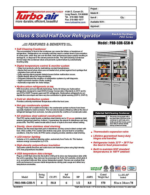 Turbo Air PRO-50R-GSH-N 52" Premiere Pro Series, Two Section Reach-In Refrigerator with Solid and Glass Half Doors - Donut-Equipment.com