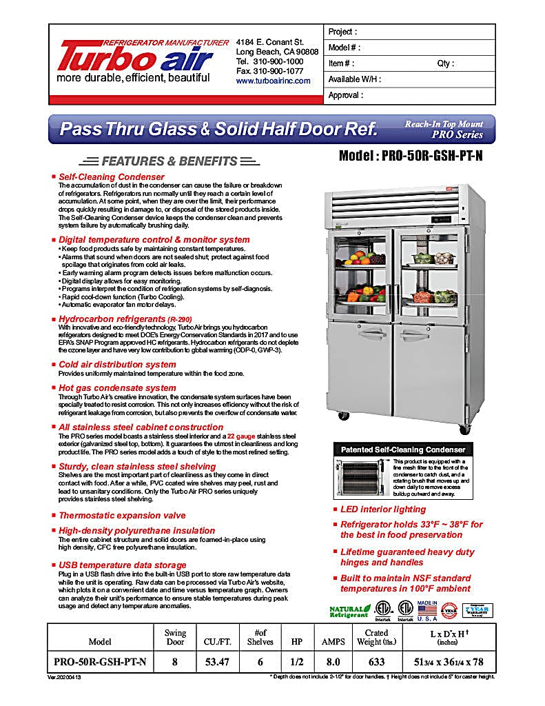 Turbo Air PRO-50R-GSH-PT-N Pro Series 52" Glass / Solid Half Door Pass-Through Refrigerator - Donut-Equipment.com