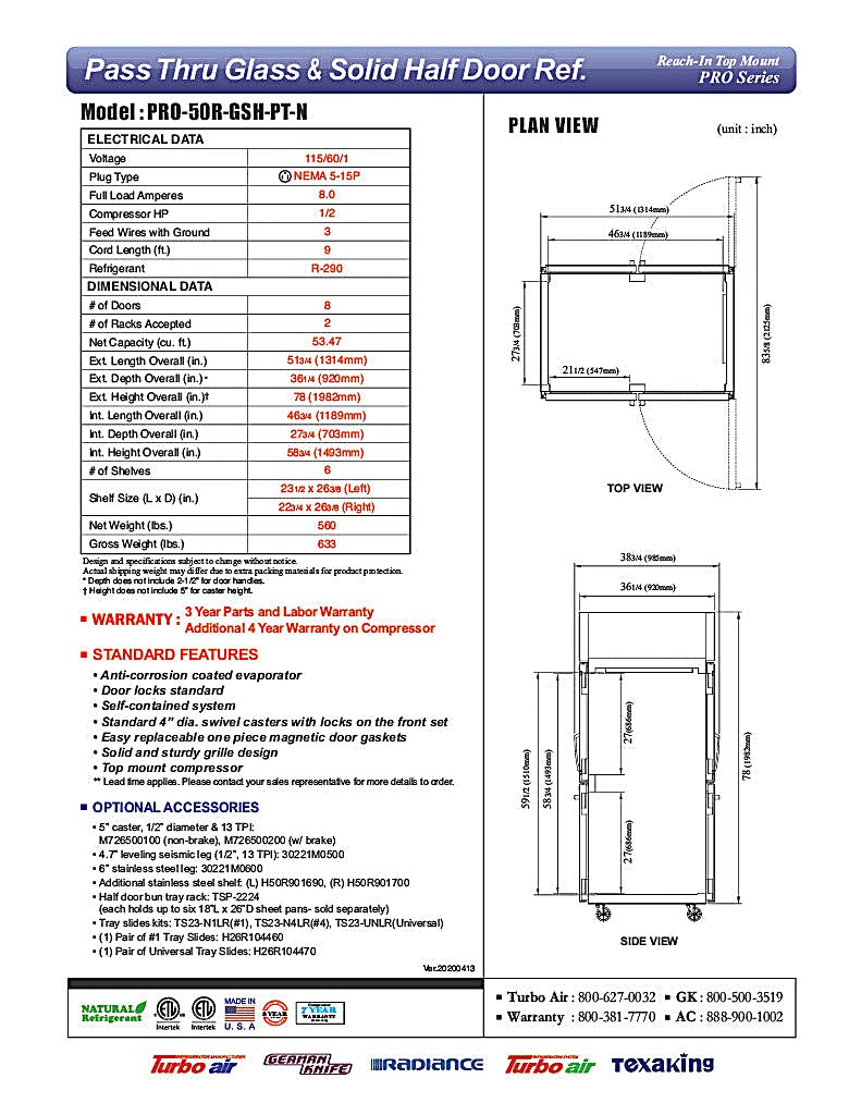 Turbo Air PRO-50R-GSH-PT-N Pro Series 52" Glass / Solid Half Door Pass-Through Refrigerator - Donut-Equipment.com
