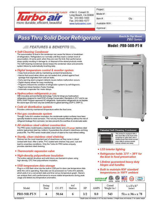 Turbo Air PRO-50R-PT-N 52" Premiere Pro Series Solid Door Pass-Through Refrigerator - Donut-Equipment.com