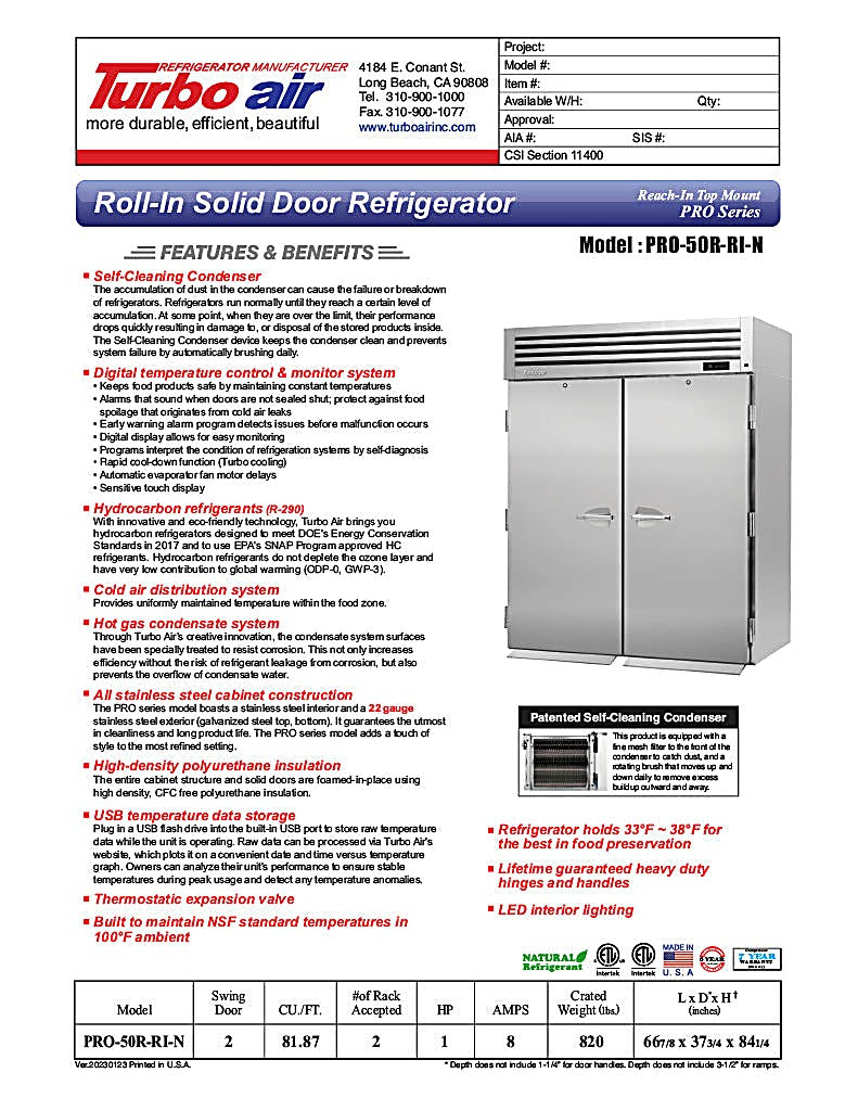 Turbo Air PRO-50R-RI-N 67" Two Section Roll In Refrigerator, (2) Left/Right Hinge Solid Doors, 115v - Donut-Equipment.com