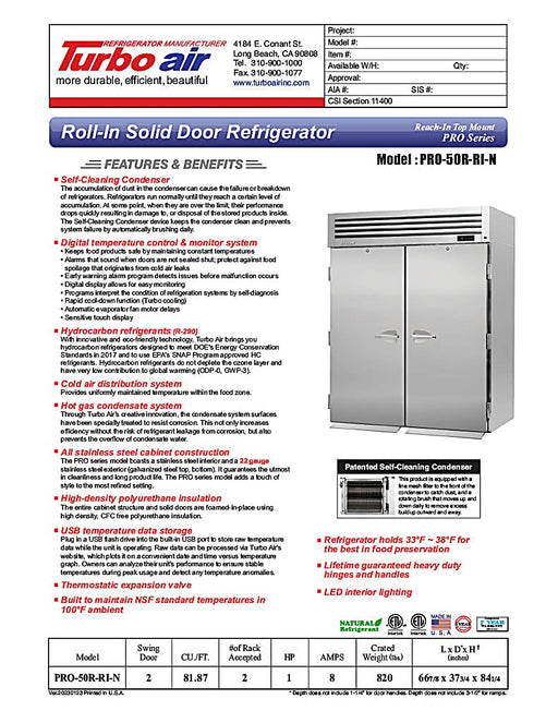Turbo Air PRO-50R-RI-N 67" Two Section Roll In Refrigerator, (2) Left/Right Hinge Solid Doors, 115v - Donut-Equipment.com
