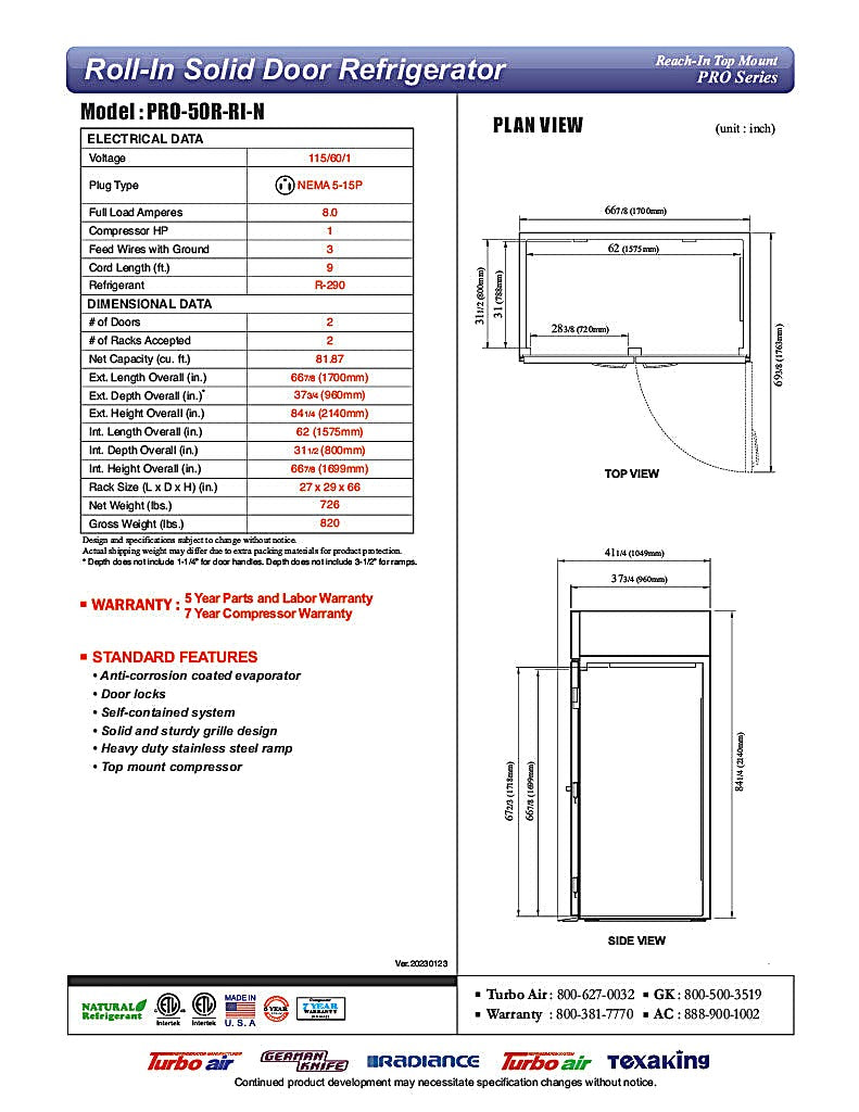 Turbo Air PRO-50R-RI-N 67" Two Section Roll In Refrigerator, (2) Left/Right Hinge Solid Doors, 115v - Donut-Equipment.com