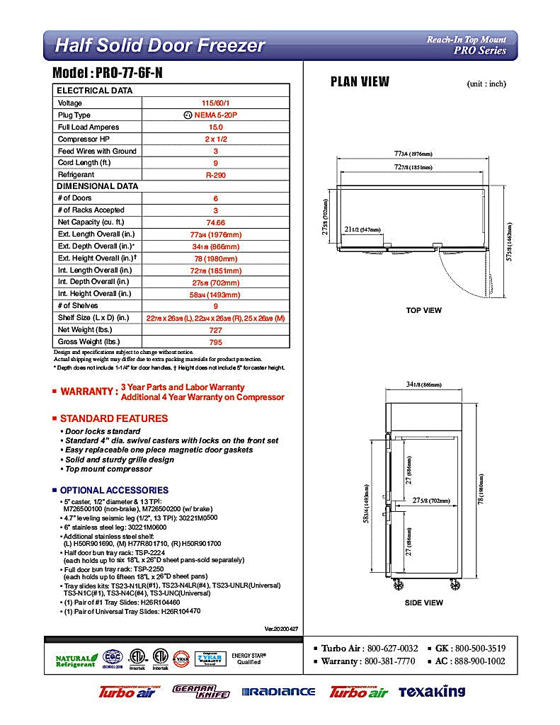 Turbo Air PRO-77-6F-N 78" Premiere Pro Series Solid Half Door Reach in Freezer - Donut-Equipment.com