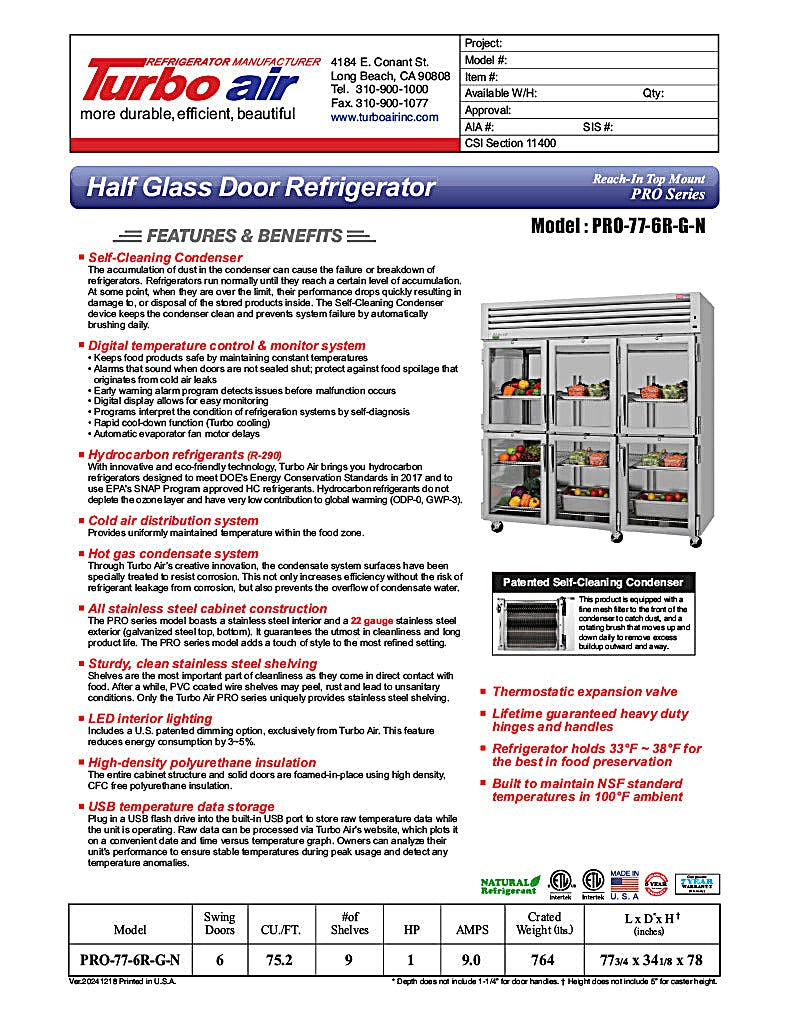 Turbo Air PRO-77-6R-G-N 77 3/4" Three Section Reach In Refrigerator, (6) Left/Right Hinge Glass Doors, 115v - Donut-Equipment.com