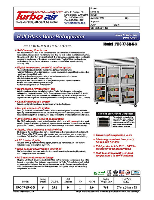 Turbo Air PRO-77-6R-G-N 77 3/4" Three Section Reach In Refrigerator, (6) Left/Right Hinge Glass Doors, 115v - Donut-Equipment.com