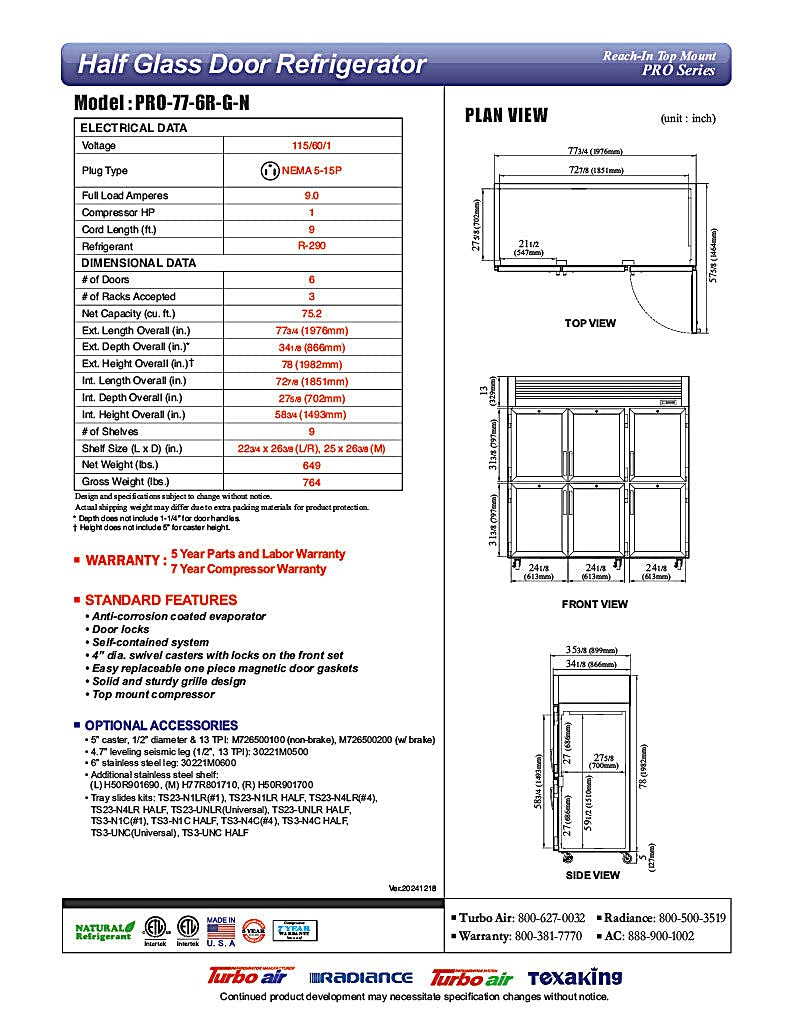 Turbo Air PRO-77-6R-G-N 77 3/4" Three Section Reach In Refrigerator, (6) Left/Right Hinge Glass Doors, 115v - Donut-Equipment.com