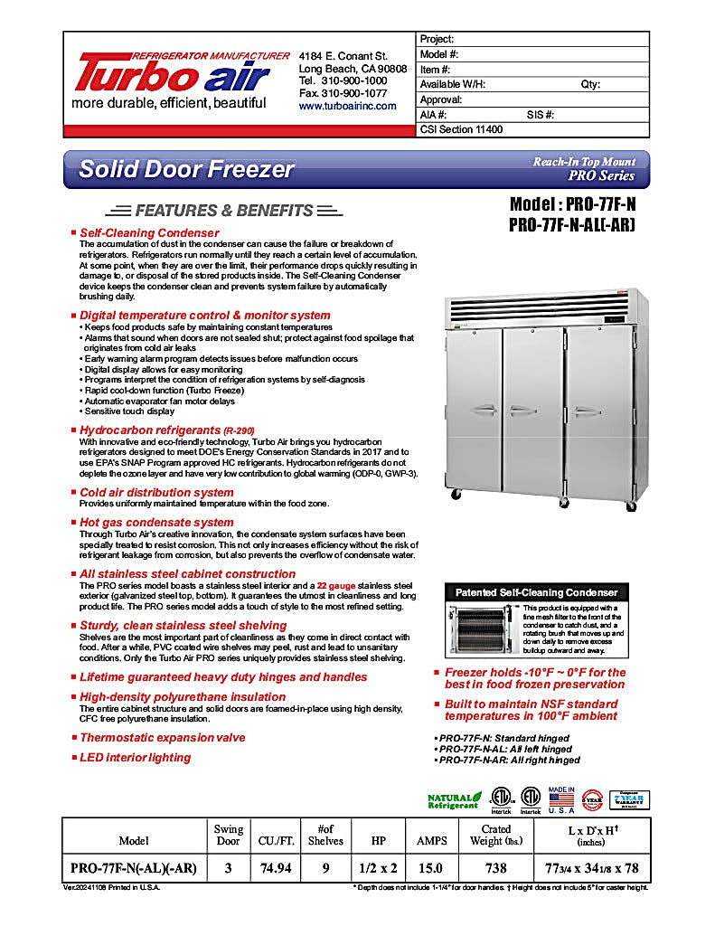 Turbo Air PRO-77F-N 78" Premiere Pro Series Solid Door Reach in Freezer - Donut-Equipment.com