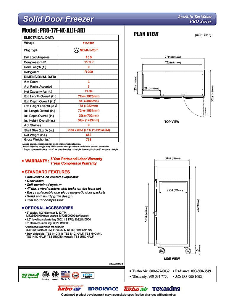 Turbo Air PRO-77F-N 78" Premiere Pro Series Solid Door Reach in Freezer - Donut-Equipment.com