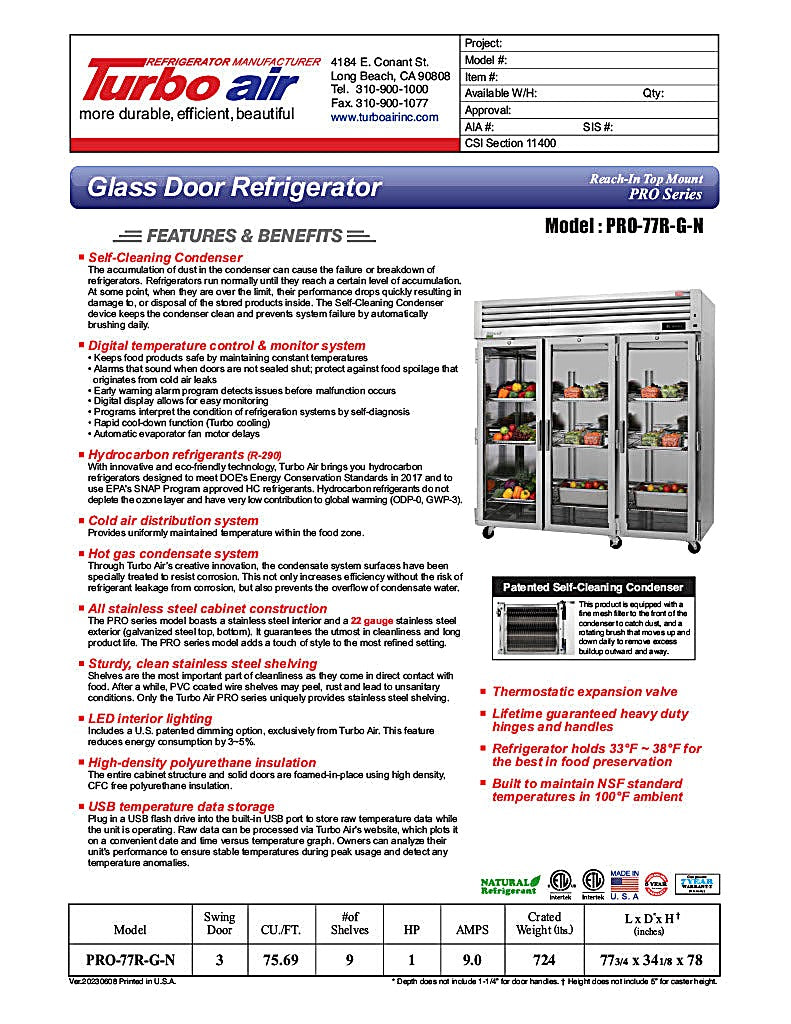Turbo Air PRO-77R-G-N, 77 3/4" Three Section Reach In Refrigerator, (3) Left/Right Hinge Glass Doors, 115v - Donut-Equipment.com