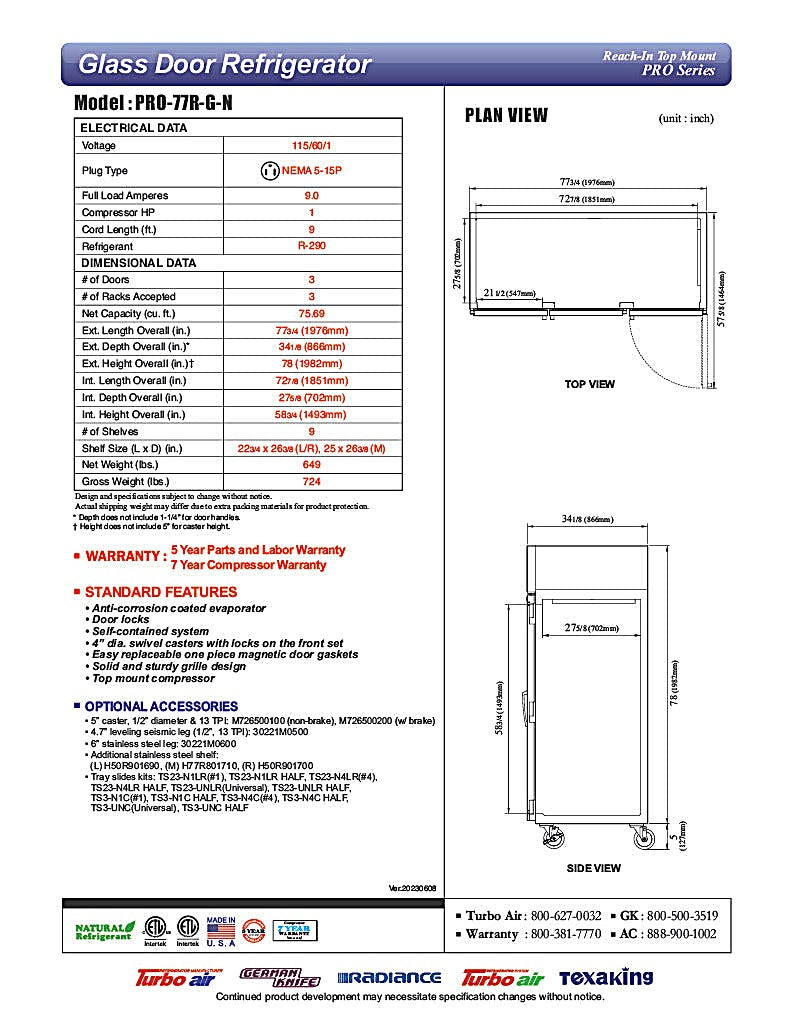 Turbo Air PRO-77R-G-N, 77 3/4" Three Section Reach In Refrigerator, (3) Left/Right Hinge Glass Doors, 115v - Donut-Equipment.com