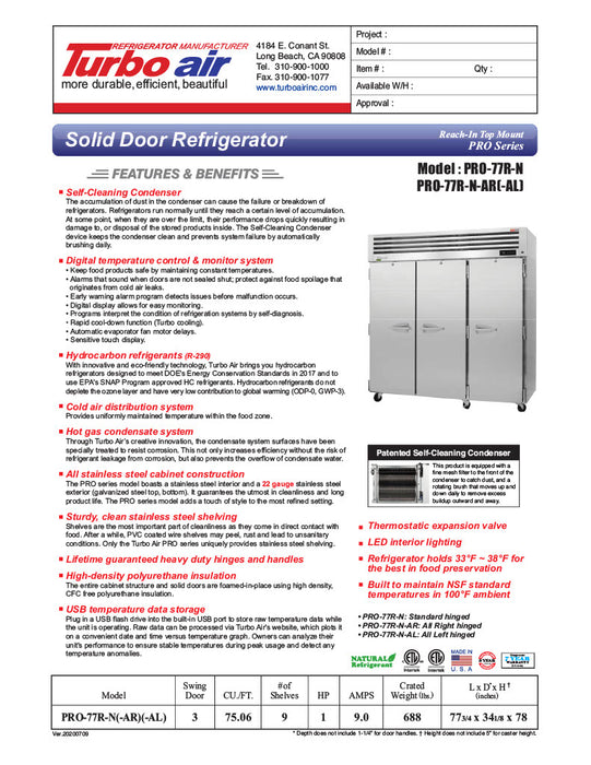 Turbo Air PRO-77R-N 78" Premiere Pro Series Solid Door Reach in Refrigerator - Bakery Wholesalers