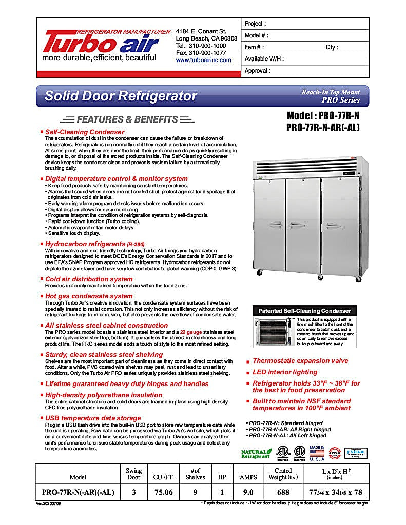 Turbo Air PRO-77R-N 78" Premiere Pro Series Solid Door Reach in Refrigerator - Donut-Equipment.com