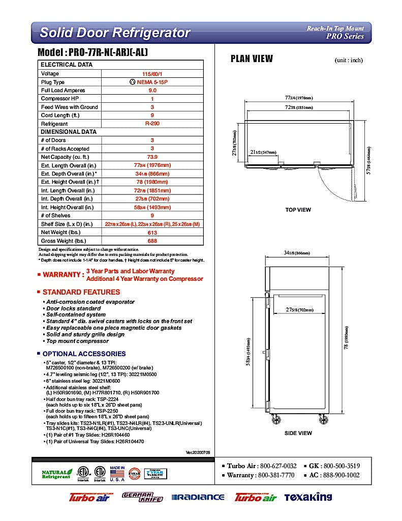 Turbo Air PRO-77R-N 78" Premiere Pro Series Solid Door Reach in Refrigerator - Donut-Equipment.com