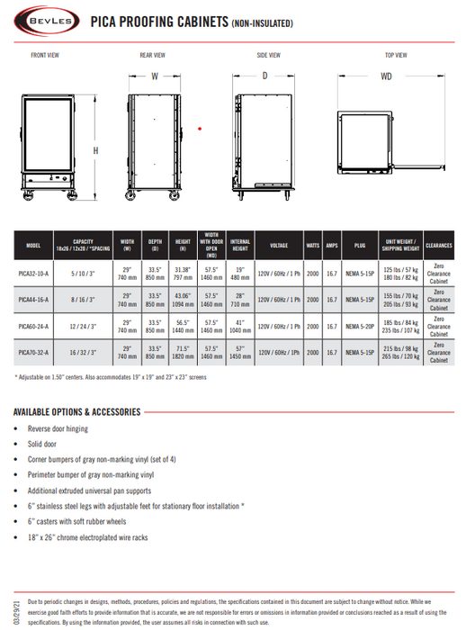 Bevles Proof-box Model: PICA70-32-A- 4L2 Left Hinged 2 Door Proofing Cabinet- 208-230V 1 phase (Non Insulated)