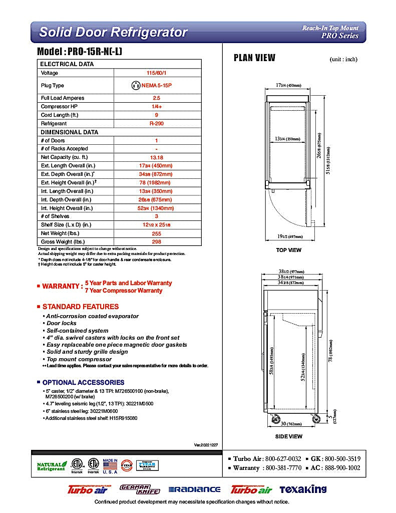 Turbo Air PRO-15R-N 17 3/4" One Section Reach In Refrigerator - (1) Right Hinge Solid Door, 115v - Donut-Equipment.com