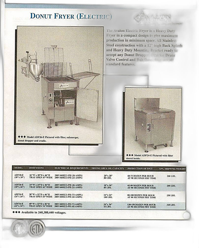 Avalon (ADF24-E-3) 24" X 24" Donut Fryer Electric (3 phase) Right Side Drain Board with Submerge Screen Bakery Wholesalers