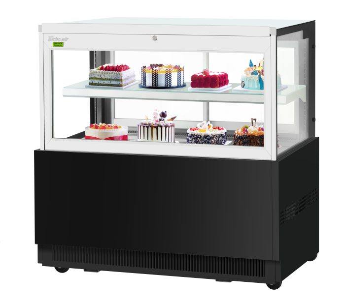 Turbo Air TBP60-46FN-B 59" Straight Glass Refrigerated Bakery Display Case, 2 Levels, Black Exterior, Lift-Up Front Glass, 115v - Bakery Wholesalers