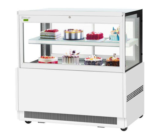 Turbo Air TBP60-46FN-W 59" Straight Glass Refrigerated Bakery Display Case, 2 Levels, White Exterior, Lift-Up Front Glass, 115v - Bakery Wholesalers