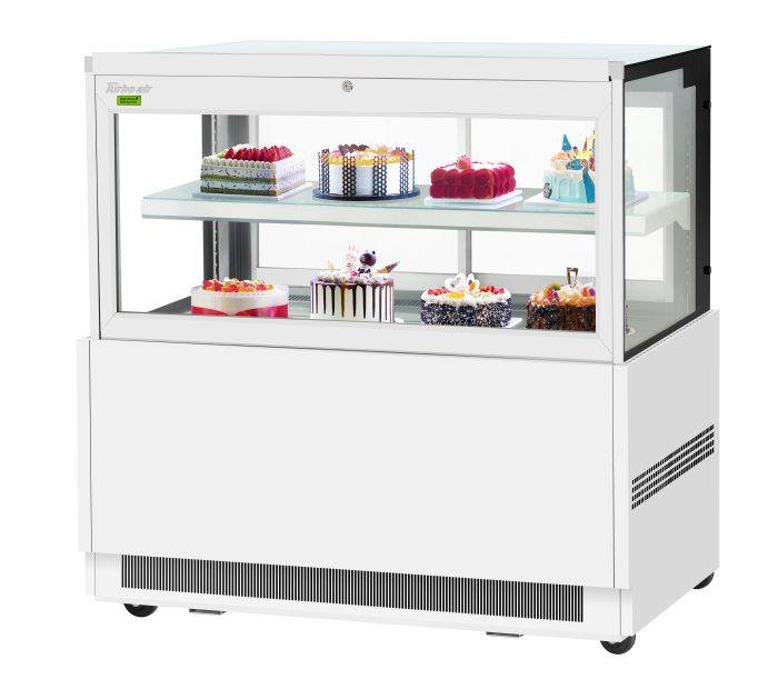 Turbo Air TBP60-46FN-W 59" Straight Glass Refrigerated Bakery Display Case, 2 Levels, White Exterior, Lift-Up Front Glass, 115v - Bakery Wholesalers