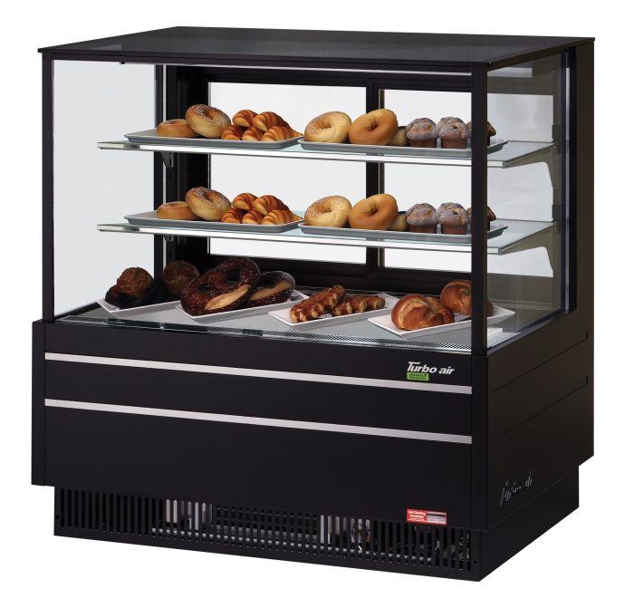 Turbo Air TCGB-48UF-DR-B 48" Straight Glass Full-Service Dry Bakery Display Case, 3 Levels, Black Exterior, 115v - Bakery Wholesalers