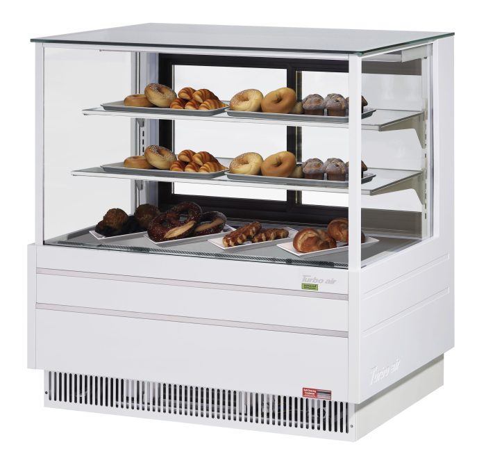 Turbo Air TCGB-48UF-DR-W 48" Straight Glass Full-Service Dry Bakery Display Case, 3 Levels, White Exterior, 115v - Bakery Wholesalers