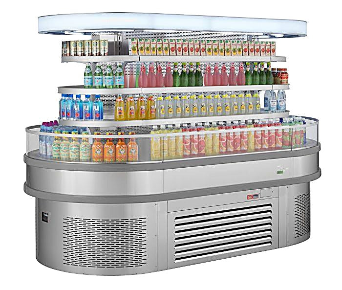 Turbo Air TIOM-48RSRS-N 48" Stainless Steel Horizontal Island Open Air Cooler – 4 Level Display, 220v - Donut-Equipment.com