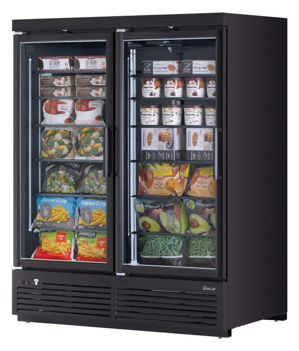 Turbo Air TJMF-55SDB-N 65" Black Super Deluxe Two Section Glass Door Display Freezer – (2) Swing Doors, 115v - Bakery Wholesalers