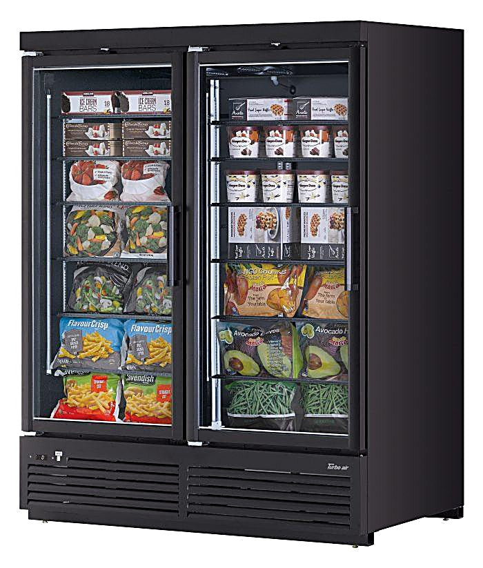 Turbo Air TJMF-55SDB-N 65" Black Super Deluxe Two Section Glass Door Display Freezer – (2) Swing Doors, 115v - Donut-Equipment.com