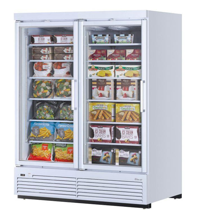 Turbo Air TJMF-55SDW-N 65" White Super Deluxe Two Section Glass Door Display Freezer – (2) Swing Doors, 115v - Bakery Wholesalers