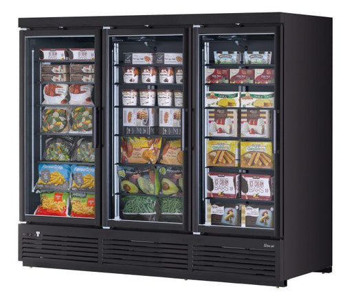 Turbo Air TJMF-85SDB-N 97 1/2" Black Super Deluxe Three Section Glass Door Display Freezer – (3) Swing Doors, 115v - Bakery Wholesalers