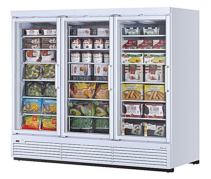 Turbo Air TJMF-85SDW-N 97 1/2" White Super Deluxe Three Section Glass Door Display Freezer – (3) Swing Doors, 115v - Donut-Equipment.com