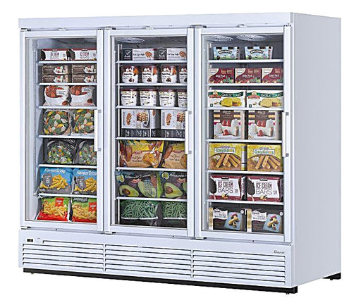 Turbo Air TJMF-85SDW-N 97 1/2" White Super Deluxe Three Section Glass Door Display Freezer – (3) Swing Doors, 115v - Donut-Equipment.com