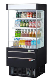 Turbo Air TOM-25MSEB-N 28" Black Narrow Depth Vertical Open Air Cooler / Air Curtain Display Case with (4) Levels, 115v - Donut-Equipment.com