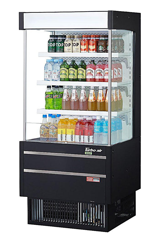 Turbo Air TOM-25MSEB-N 28" Black Narrow Depth Vertical Open Air Cooler / Air Curtain Display Case with (4) Levels, 115v - Donut-Equipment.com